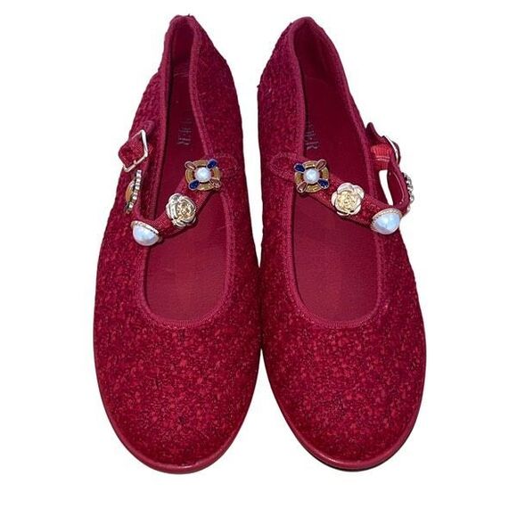 Cider FAUX PEARL & FLOWER DECOR TWEED MARY JANE FLATS Red Size 39 US 8.5 - Picture 2 of 6